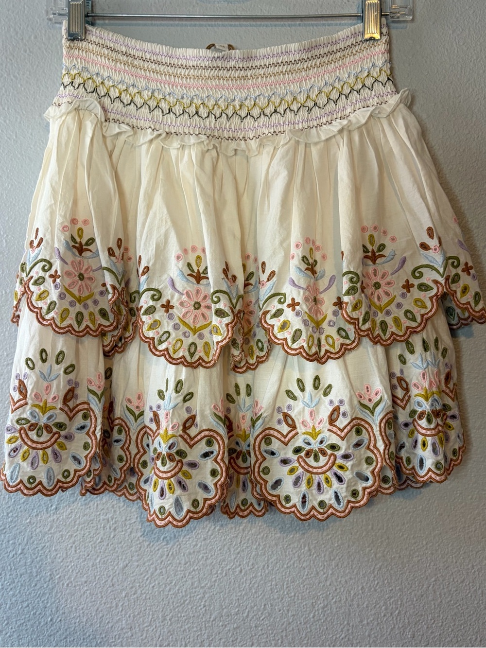 Anthropologie LOVE THE LABEL Embroidered Tiered Eyelet Skirt.